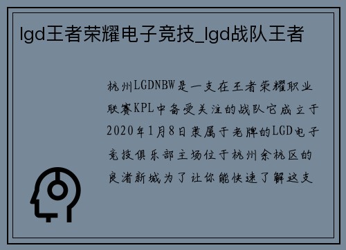 lgd王者荣耀电子竞技_lgd战队王者